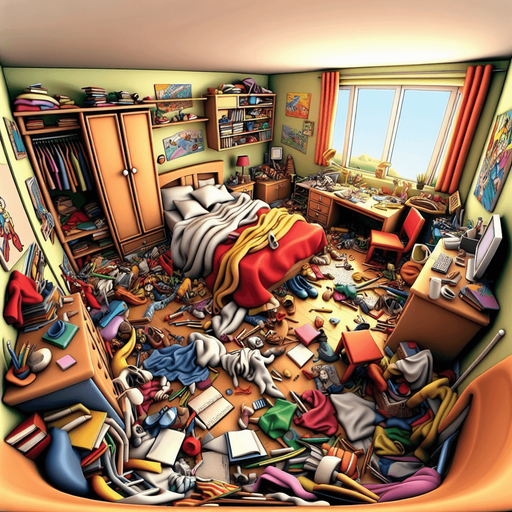 dağınık bir yatak odası, odanın içinden görünüm 3d renkli, çizgi film