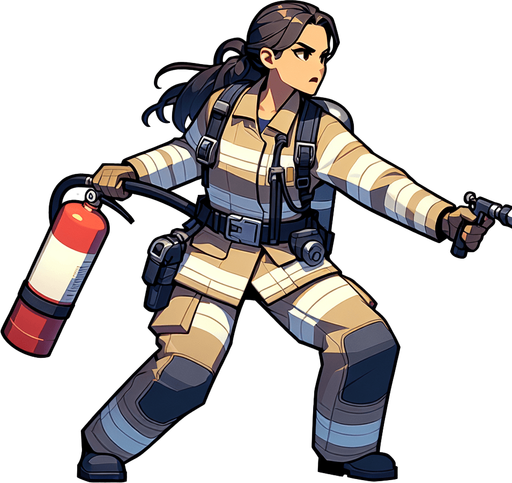 firefighter using fire extinguisher
Single Game Texture.  In-Game asset.  2d.  Blank background.  High contrast.  No shadows