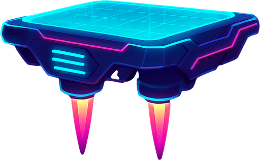 Neon cyberpunk futuristic glowing side-view 2d platformer style platform flat top hologram projection hovering hover platform antigravity jet thrusters