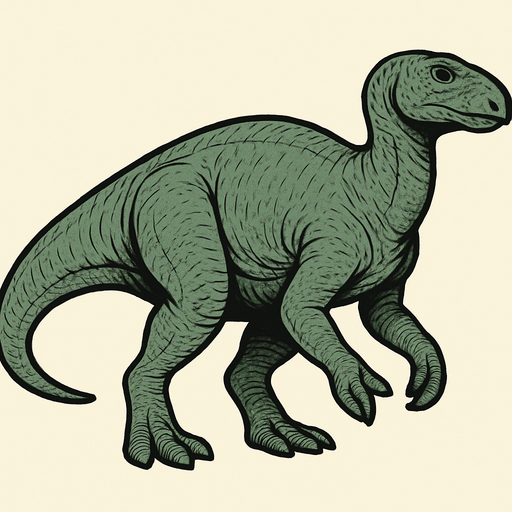A medium-sized Iguanodon dinosaur with smooth greenish-gray scales covering its bulky body. It has a distinctive thumb spike on its front limbs. The head is elongated with gentle eyes and a blunt snout. The skin texture is rough with visible scales and wrinkles..
In-Game asset.  2d.  High contrast.  No shadows