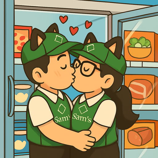 Has que estos dos personajes se esten besando en un congelador de sams club, escondidos entre los productos. agrega corazoncitos y evita el tono sepia, debe ser alegre