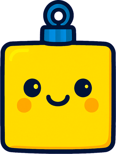 Perfectly square bright cobalt yellow Christmas decoration with cute happyy face. Cartoon style. Cute art style.simple.
In-Game asset.  2d.  High contrast.  No shadows