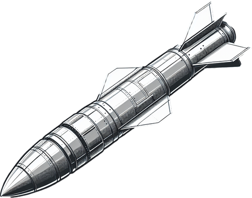 Missile seen from the side.
Single Game Texture.  In-Game asset.  2d.  Blank background.  High contrast.  No shadows