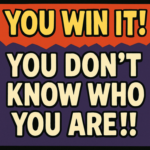 Make a banner "YOU WIN IT! YOU DON'T KNOW WHO YOU ARE!!!".
In-Game asset.  2d.  High contrast.  No shadows