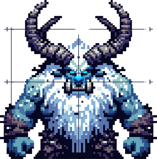 A winter horned ogre enemy character. pixelart. front view.. Single Game Texture. In-Game asset. 2d. Blank background. High contrast. No shadows.