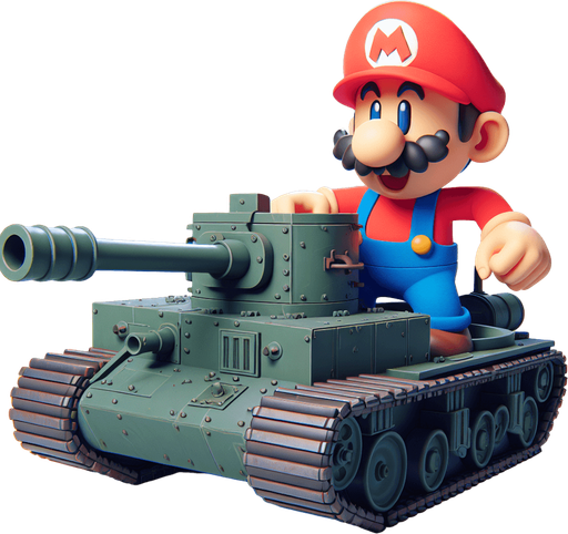 Mario driving a tank.
Single Game Texture.  In-Game asset.  2d.  Blank background.  High contrast.  No shadows