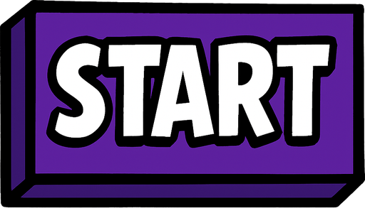 A bold comic-style rectangular button labeled 'Start' in capital white letters. The button has sharp edges with thick black outlines and a deep purple fill. Style mimics classic graphic novel UI — solid, punchy, and energetic. No background, transparent PNG.
In-Game asset.  2d.  High contrast.  No shadows