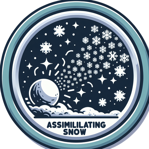 Icon for a snowball collide with snoflakes and becomes bigger, on a circle, with the text „ASSIMILATING SNOW“ at top, cartoon Single Game Texture. In-Game asset. 2d. Blank background. High contrast. No shadows.