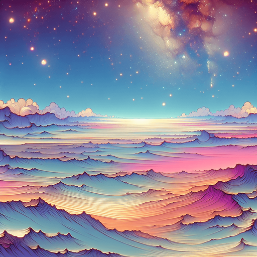 beautiful expansive landscape. starry sky, pastel colours, high definition, alien world..
Single Game Texture. In-Game asset. 2d. Blank background. High contrast. No shadows.