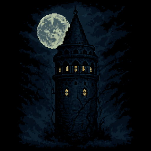 Create a pixel-art environment asset of the Galata Tower at night, in a dark and eerie style suitable for a 2D horror survival game. The tower should be tall and imposing with its recognizable cylindrical stone structure and conical roof. Add cracks, overgrown vines, and dim glowing windows to give it a haunted, ancient look. A full moon and cloudy night sky in the background. Mist or fog at the base. The overall atmosphere should feel ominous and mysterious. PNG format with transparent background..
In-Game asset.  2d.  High contrast.  No shadows