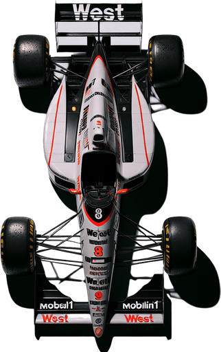 Mercedes-Benz MP4-13 F1 race car from 1999. TOP VIEW. 
BLACK & WHITE BODY. sIÉVER LIVERY Shiny-red arcs on both sides. Red 8 on nose 
Sponsor: "West" on rear wing. "Mobil1" on front wing..
Single Game Texture. In-Game asset. 2d. Blank background. High contrast. No shadows.