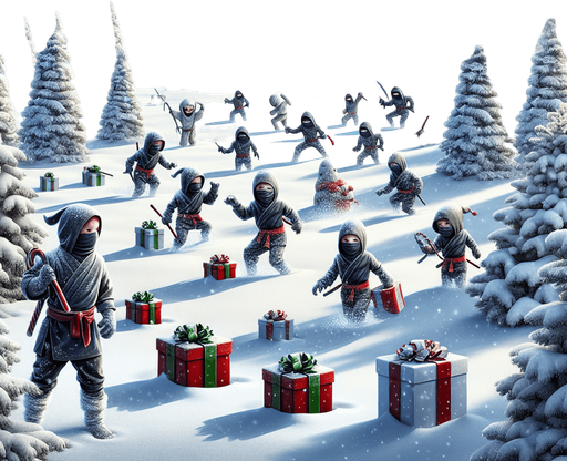 A beautiful winter snowy christmas landscape with ninja thieves kids lurking. Christmas gifts are hidden in the snow.
Single Game Texture. In-Game asset. 2d. Blank background. High contrast. No shadows.