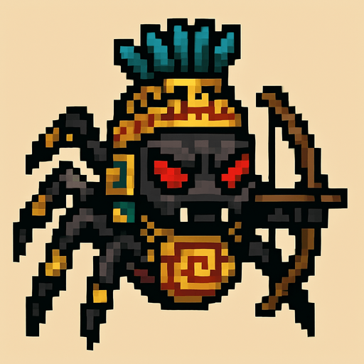 Genérame una Araña guerrero azteca con eso patrones, estilo pixelar, con una apariencia maligna, ojos rojos, rabioso. Unidad a distancia, con un arco o cerbatana. Animal.
In-Game asset.  2d.  High contrast.  No shadows