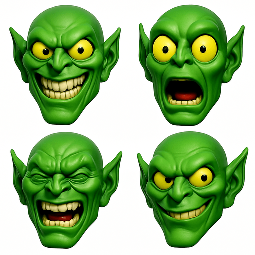 3D Scary but funny and cute face meme green goblin from spiderman movie. only face, different faces look.
In-Game asset.  3D.  High contrast.  No shadows. only face