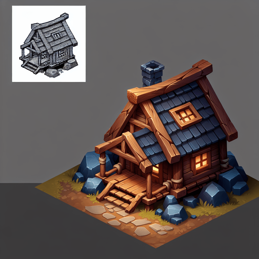 Kulübe.
Single Game Texture.  In-Game asset.  2d.  Blank background.  High contrast.  No shadows