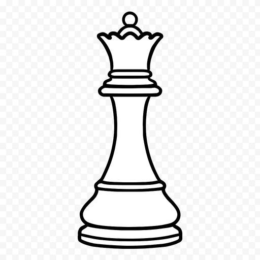 Create a refined and graceful white queen chess piece image with a transparent background. It should have clear black outlines and a classic design, easily distinguishable from other pieces. The style must fit a minimalist black-and-white chessboard. Output as a PNG with transparency..
In-Game asset.  2d.  High contrast.  No shadows