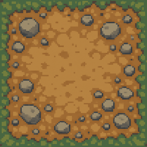 Top-down view of a single cartoon-style dirt and gravel path tile, seen from above, 2D game style, seamless and repeatable texture, hand-drawn or pixel-art style, natural colors, a mix of packed earth and scattered small stones, 32x32 sprite..
In-Game asset.  2d.  High contrast.  No shadows