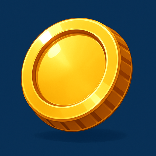 Create a shiny golden coin (token) asset for a game. The coin should have a polished, reflective surface with subtle engravings or ridges around the edge. It should look 3D with soft highlights and shadows to give depth. The size should be suitable as a collectible power-up floating slightly above the ground. Style should be clean and vibrant, fitting a modern arcade or action game..
In-Game asset.  2d.  High contrast.  No shadows