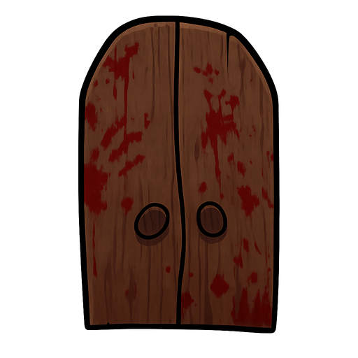 Wooden door. No background. Transparent background. Blank background. No shadows. 2d. In-Game asset. flat,sharp edges,straight lines,creepy and bloody look