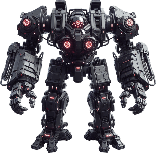 Overhead view. A heavily armored attack robot. Two arms with large gauntlet type fists. Four large red glowing eyes. Three distinct parts, body and two arms. Symmetrical design. Birds Eye view above them looking down on their head. Simple shapes. Low detail. Cyberpunk, black with red glowing highlights..
Single Game Texture. In-Game asset. 2d. Blank background. High contrast. No shadows.