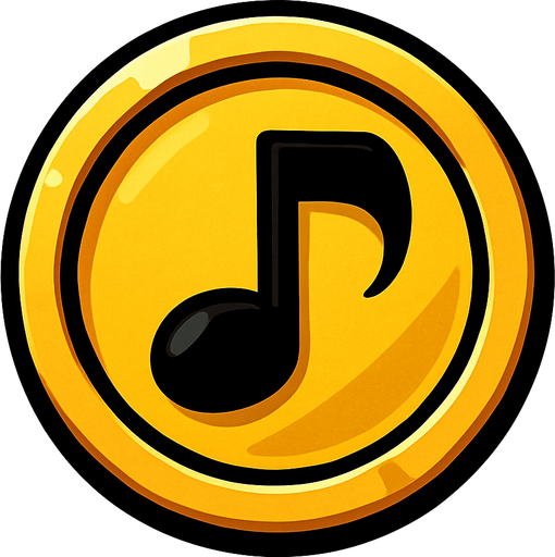 Yuvarlak altın para ortasında 🎶 müzik notası.
In-Game asset.  2d.  High contrast.  No shadows