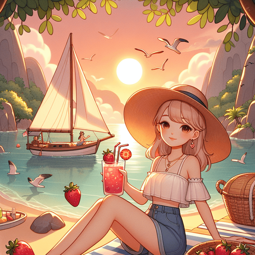 An idyllic llustration of a beach cove where a blnd girl in a strawhat i en joying an enormous strawberry drink on her sailing boat as the sun sets. Clean game art illustration style..
Single Game Texture. In-Game asset. 2d. Blank background. High contrast. No shadows.