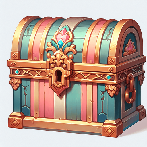 сундук с сокровищами с видом спереди, постэльные цвета.
Single Game Texture.  In-Game asset.  2d.  Blank background.  High contrast.  No shadows
