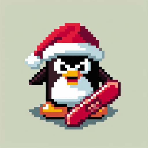 angry penguin snowboarder wearing a red santa hat. top-view. gta 2. seen from above. Single Game Texture. In-Game asset. 2d. Blank background. High contrast. No shadows. pixelated. 8 bit