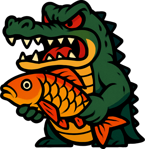 Angry crocodile holding a carp.
In-Game asset.  2d.  High contrast.  No shadows