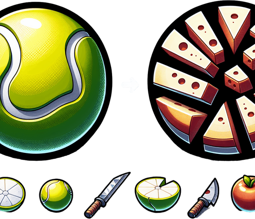 Тенисный мячик разрезыный и неращрещаный для игры похожой на фрукт ниндзя они как будто разные объекты 2д игра.
Single Game Texture. In-Game asset. 2d. Blank background. High contrast. No shadows.