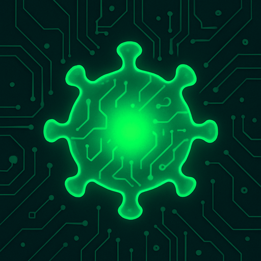 topdown view, simple digital virus blob, glowing green core, minimal circuit-like lines on surface, smooth rounded shape, fits motherboard environment, futuristic style.
In-Game asset.  2d.  High contrast.  No shadows