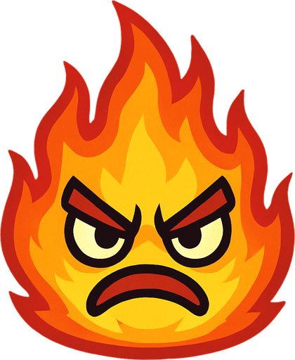 un fuego con ojos y boca, de expresion enojado.
In-Game asset.  2d.  High contrast.  No shadows
