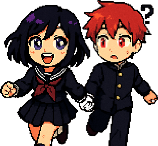 A cute anime-style girl with an emo aesthetic and striking purple eyes wears a traditional Japanese school uniform (sailor fuku). With a wide, toothy smile and sparkling eyes full of excitement, she runs joyfully while holding hands with a sweet red-haired boy with vivid red eyes, dressed in a classic gakuran school uniform. The boy, surprised and slightly flustered, has a question mark floating above his head as he's pulled along by the girl's energy. Behind them stretches a Japanese school hallway, all rendered in a charming Pixel Art style.