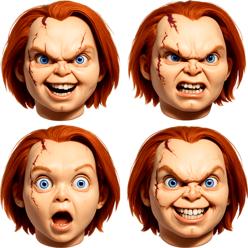 3D Scary and funny face meme chucky. different faces look. face only
In-Game asset.  3D.  High contrast.  No shadows. face only