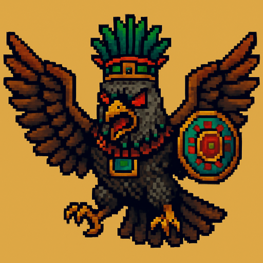 Genérame una paloma guerrero azteca con eso patrones, estilo pixelar, con una apariencia maligna, ojos rojos, rabioso. Unidad aerea con alas. Animal.
In-Game asset.  2d.  High contrast.  No shadows