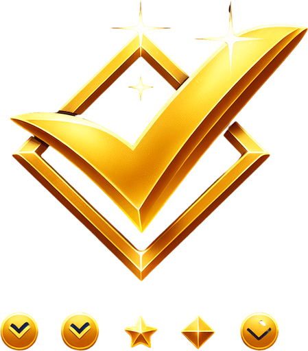 Brilliant Gold Checkmark.
Single Game Texture. In-Game asset. 2d. Blank background. High contrast. No shadows.