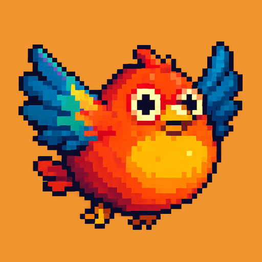 Big fat flaying bird ( Piksel art). Colorful. Cute. 
In-Game asset.  2d.  High contrast.