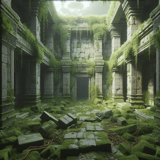 A top-down view of jungle ruins with moss-covered stone walls and floors. The floor is scattered with vines and broken pillars. Each wall has an entrance centered in the middle, resembling natural archways positioned on the top, bottom, left, and right. Sunlight filters through, illuminating the room softly..
Full-frame, top-down view of jungle ruins. Moss-covered stone walls and floors, vines, broken pillars. Open natural archways centered on each wall: top, bottom, left, and right. Soft sunlight, no perspective distortion.