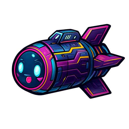 cyberpunk styled missile, facing left, cute chibi face on it.
In-Game asset.  2d.  High contrast.  No shadows