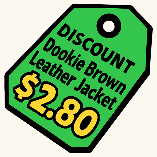 green price tag that says discount Dookie Brown Leather Jacket $2.80.
In-Game asset.  2d.  High contrast.  No shadows
