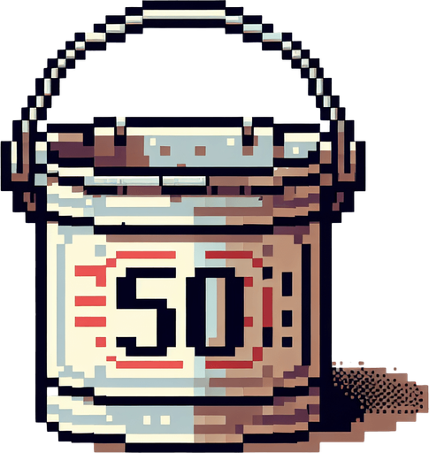 bucket with 50 text on it. front view. 
Single Game Texture. In-Game asset. 2d. Blank background. High contrast. No shadows. pixel. 8 bit