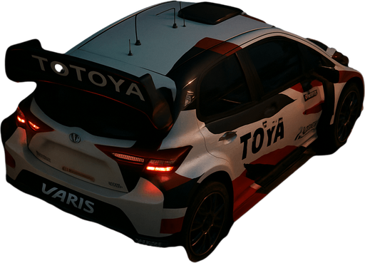 Photorealistic Toyota Yaris WRC in nightlight, drone topview FROM BACK and 45 degrees angle in top right corner. White body with some black and some red decals. Modify the TOYOTA to TOTOYA and other real sponsors to just similars.