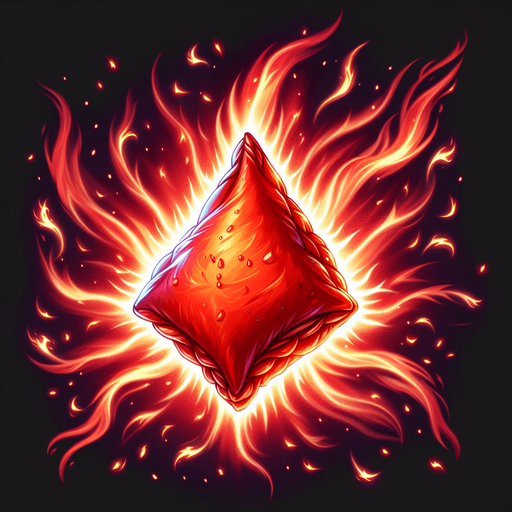 Create a spicy red samosa with flames, symbolizing a speed boost. The samosa should have a glowing effect and fire particles around it..
Single Game Texture.  In-Game asset.  2d.  Blank background.  High contrast.  No shadows