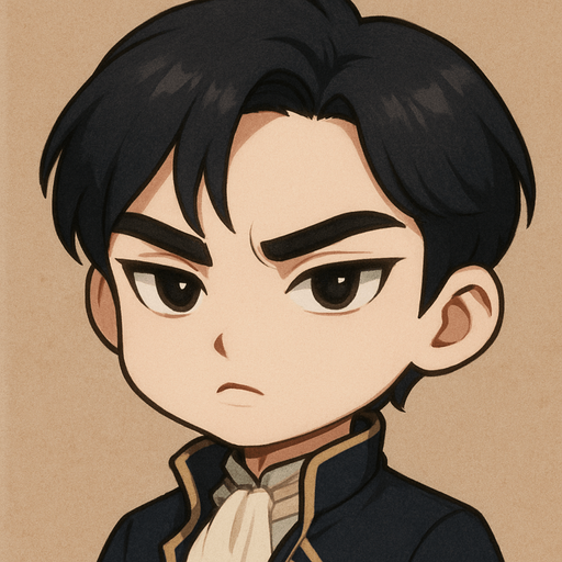Without glasses, make him in cartoon chibi style, retains her refined key facial features such as her feline eyes, arched eyebrows, mature and elegant expression like a handsome prince with an intense look