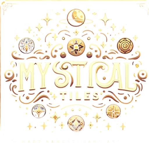 A large game logo displaying the title 'Mystical Tiles' in a mysterious font with magical decorations and effects, suitable for display on a dark bagground. Aspect ratio of the logo should be 10:4.
Single Game Texture. In-Game asset. 2d. Blank background. High contrast. No shadows.