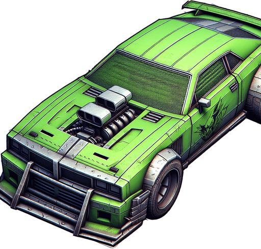green thug car. orthographic top view.
Single Game Texture.  In-Game asset.  2d.  Blank background.  High contrast.  No shadows