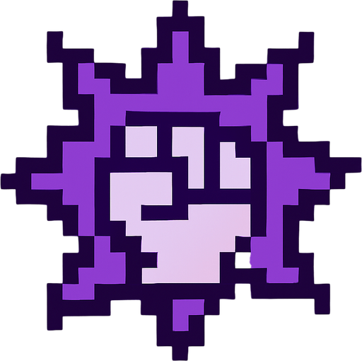 Pixel art of a purple power-up icon with a spiked fist symbol or explosion inside. Represents bonus attack damage in a retro game.
In-Game asset.  2d.  High contrast.  No shadows