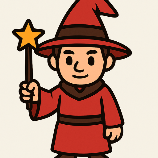 Mago con sombrero rojo y marrón sin barba con varita con estrella, de cuerpo entero.
In-Game asset.  2d.  High contrast.  No shadows
