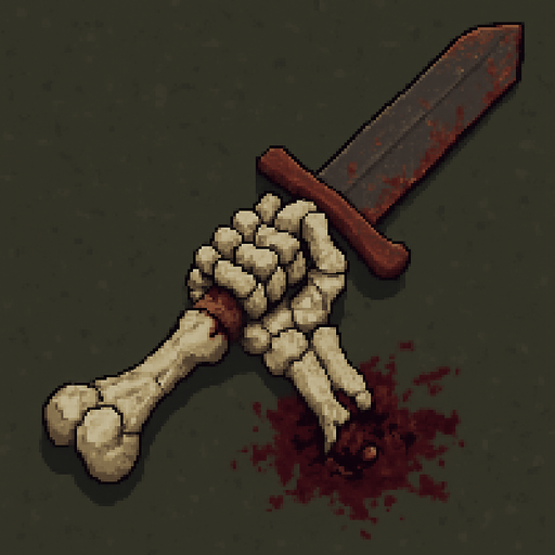 “Top-down 2D pixel art of a massive severed skeleton arm holding a giant sword. The bones are thick, cracked, and aged, with broken joints and shattered ends. The sword is still gripped tightly in the skeletal hand, rusted and chipped. Blood stains or dark magic aura may be present around the broken area. Designed as an environment object or game sprite for a dark fantasy pixel art game.”.
In-Game asset.  2d.  High contrast.  No shadows