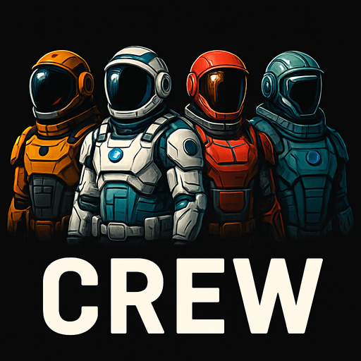 Uzay temalı Spaceship Crew, gerçekçi, Altında "crew" yazsın.
In-Game asset.  High contrast.  No shadows
